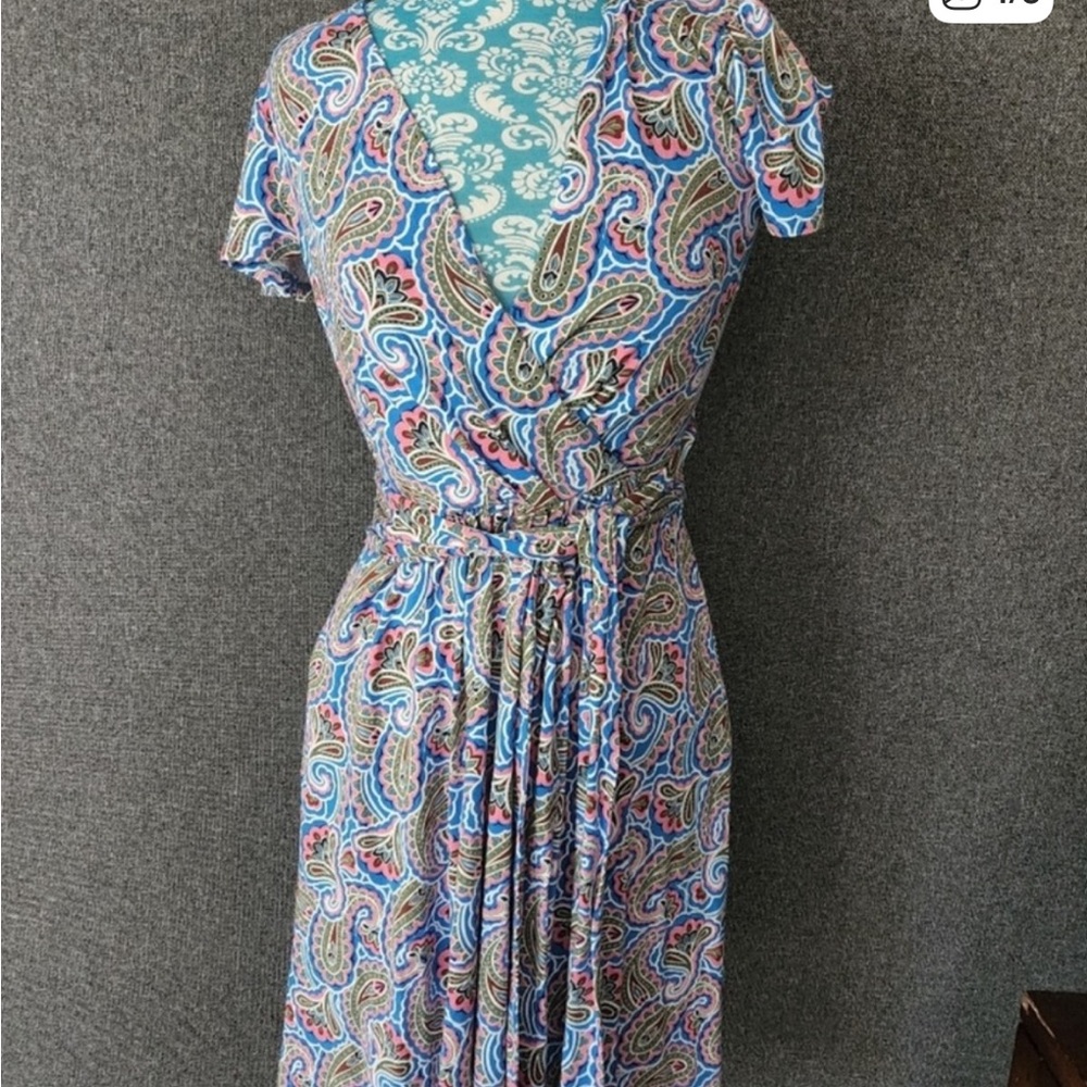 Boden Blue Green Wrap Midi Dress with Flutter Sleeves
